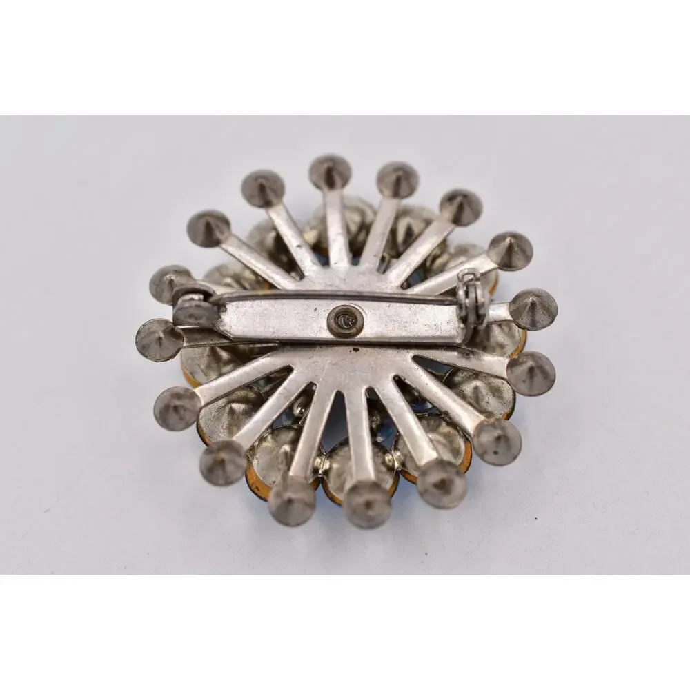 Vintage Sky Blue Rhinestone Starburst Brooch Crystal Silver Floral Pin 50s BinBI
